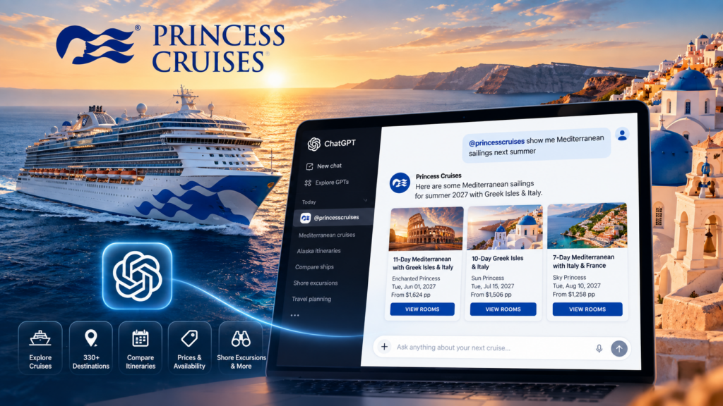 Princess Cruises ChatGPT app concept featuring a cruise ship in the Mediterranean and AI-powered cruise planning.