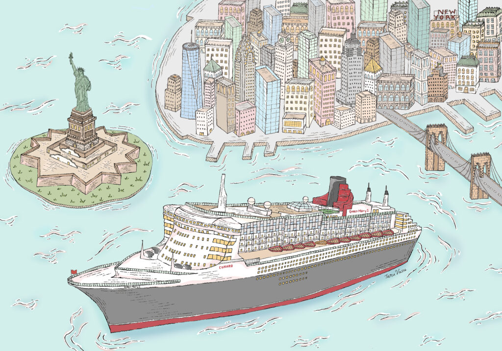 Queen Mary 2 refurbishment 2027 illustration showing Cunard's iconic ocean liner approaching New York