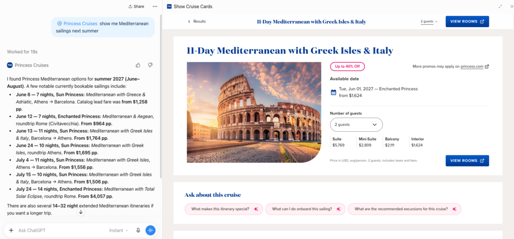 Princess Cruises ChatGPT app displaying Mediterranean cruise itineraries and sailing prices