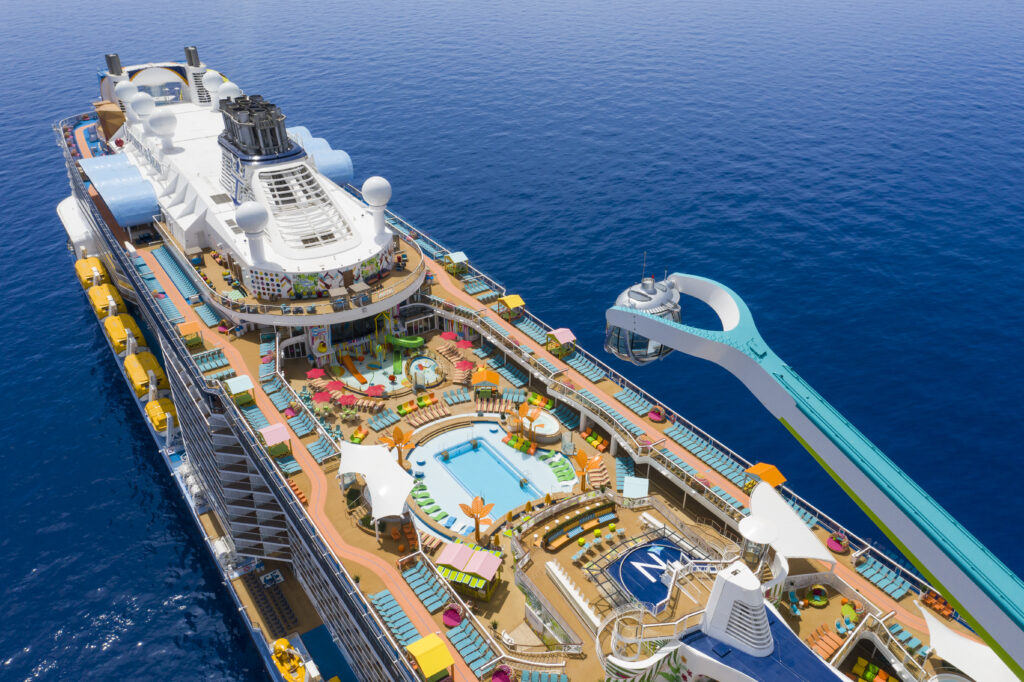 Royal Caribbean cruise ship with onboard attractions at sea. Royal Caribbean Unveils Europe 2028-29.