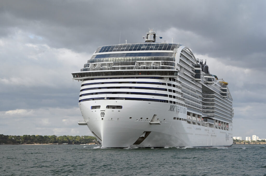MSC World Asia cruise ship viewed from the front