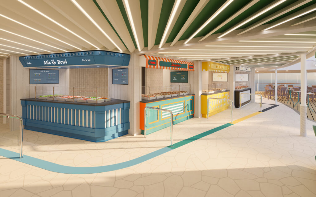 MSC World Asia Aqua Food Market five food stations official rendering | MSC World Asia complimentary dining