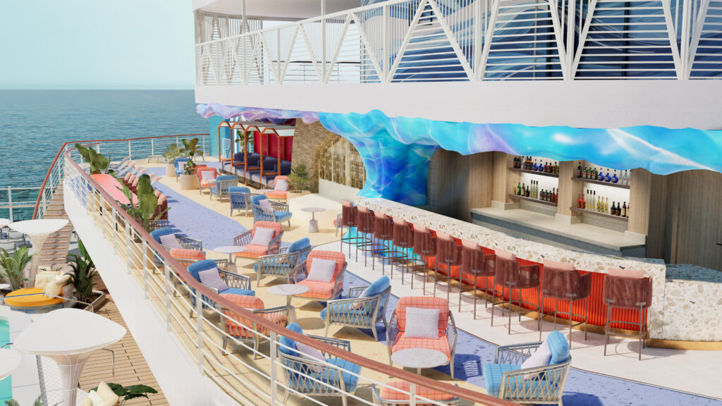 Norwegian Bella outdoor lounge and bar with ocean views