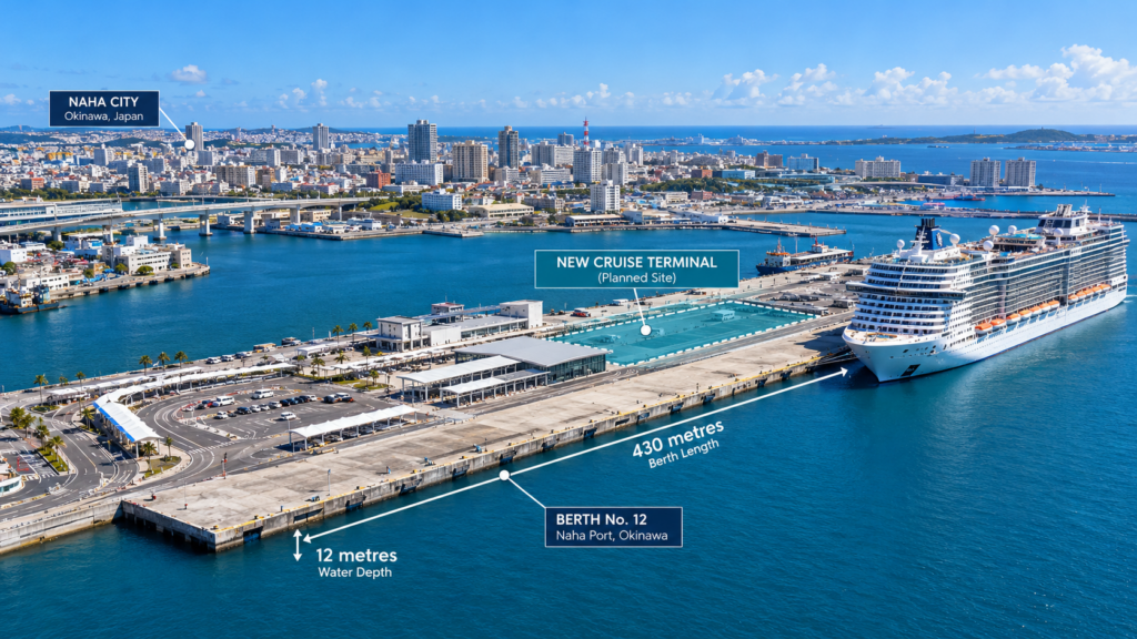 AI-generated conceptual illustration of the planned cruise terminal area at Naha Port, Okinawa