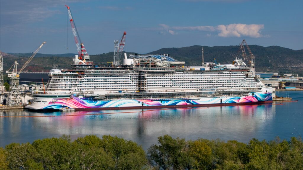 Norwegian Aura cruise ship under construction at Fincantieri shipyard in Monfalcone, Italy