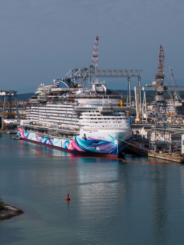 Rear view of Norwegian Aura under construction at the Monfalcone shipyard