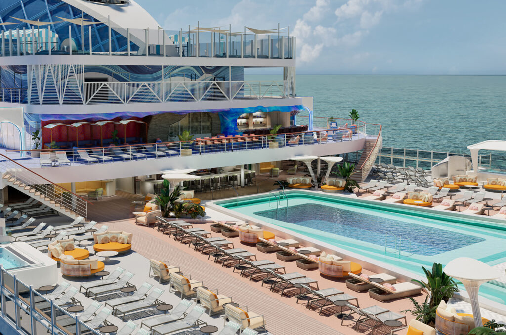 Norwegian Bella expanded pool deck with swimming pool and sun loungers