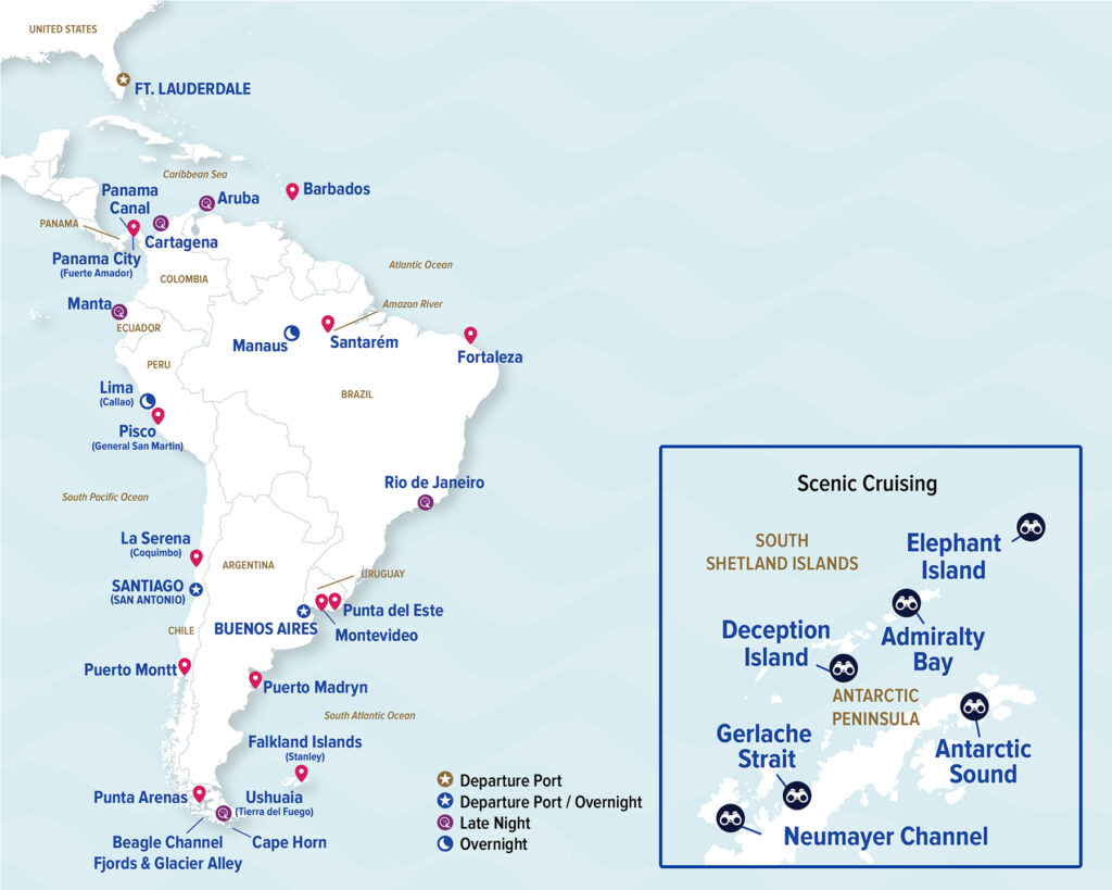 Princess Cruises South America and Antarctica 2028–2029 itinerary map showing ports, Cape Horn and scenic cruising areas.